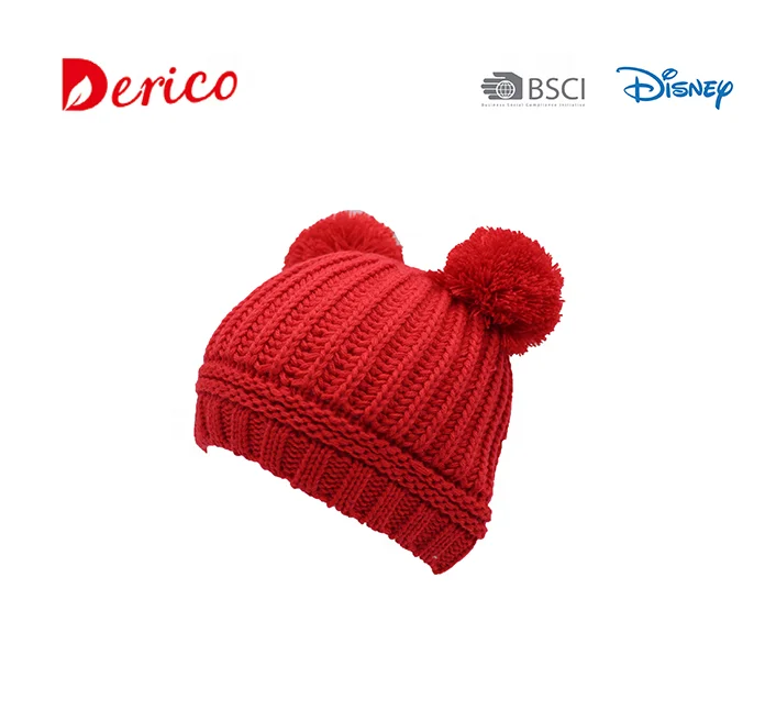 Fashion winter recycled fabric knitted kids beanie with bear pompon cute hat