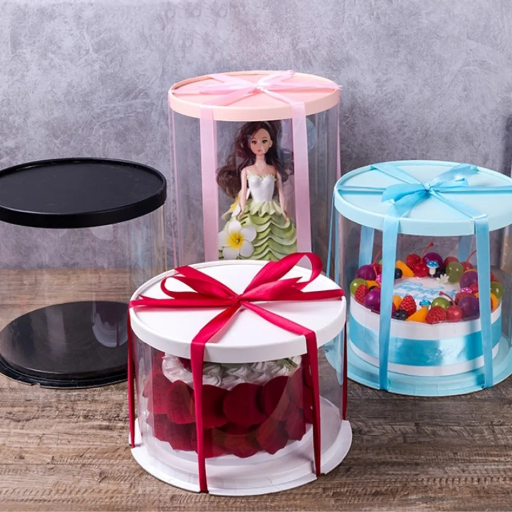 Doll Dust proof Flower Storage Transparent Black PET Plastic Round Tall Decorative Storage Cake Box
