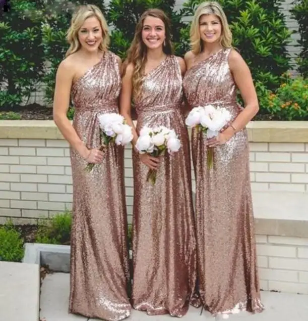 Girls Real Champagne One Shoulder Sequins Bridesmaid Dress