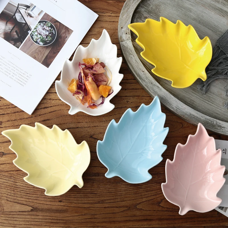 Оптовая продажа керамика лоток Симпатичные Закуски Блюдо Творческий лист форма фарфоровая бульонная чашка вечерние