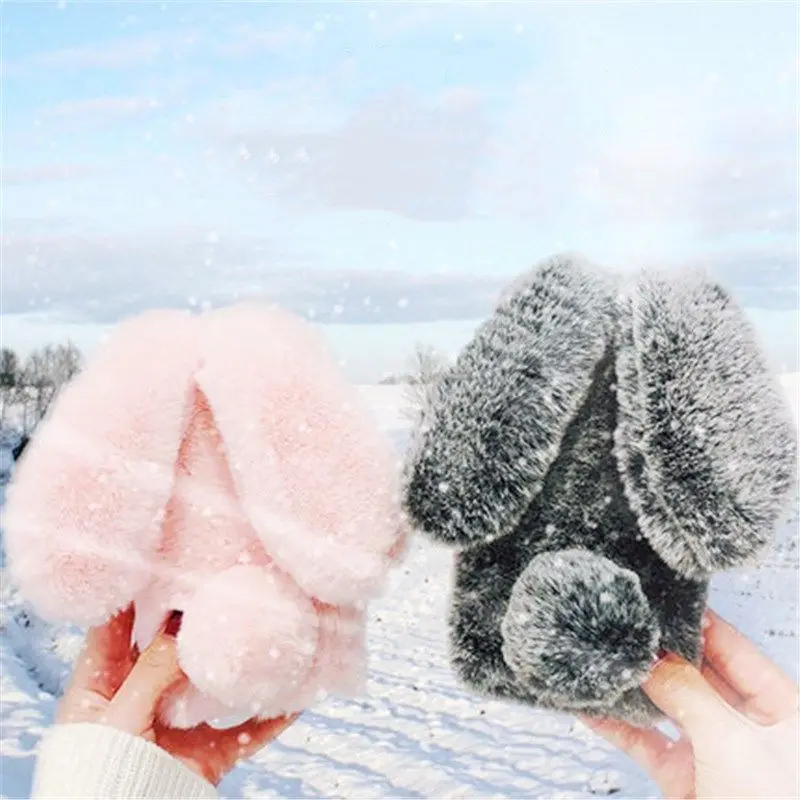 Winter Warm fluffy Bunny rabbit fur long ears tail sot tpu silicone Phone Cover case For iPhone 6s 7 8 Plus Xs 11 pro max xr
