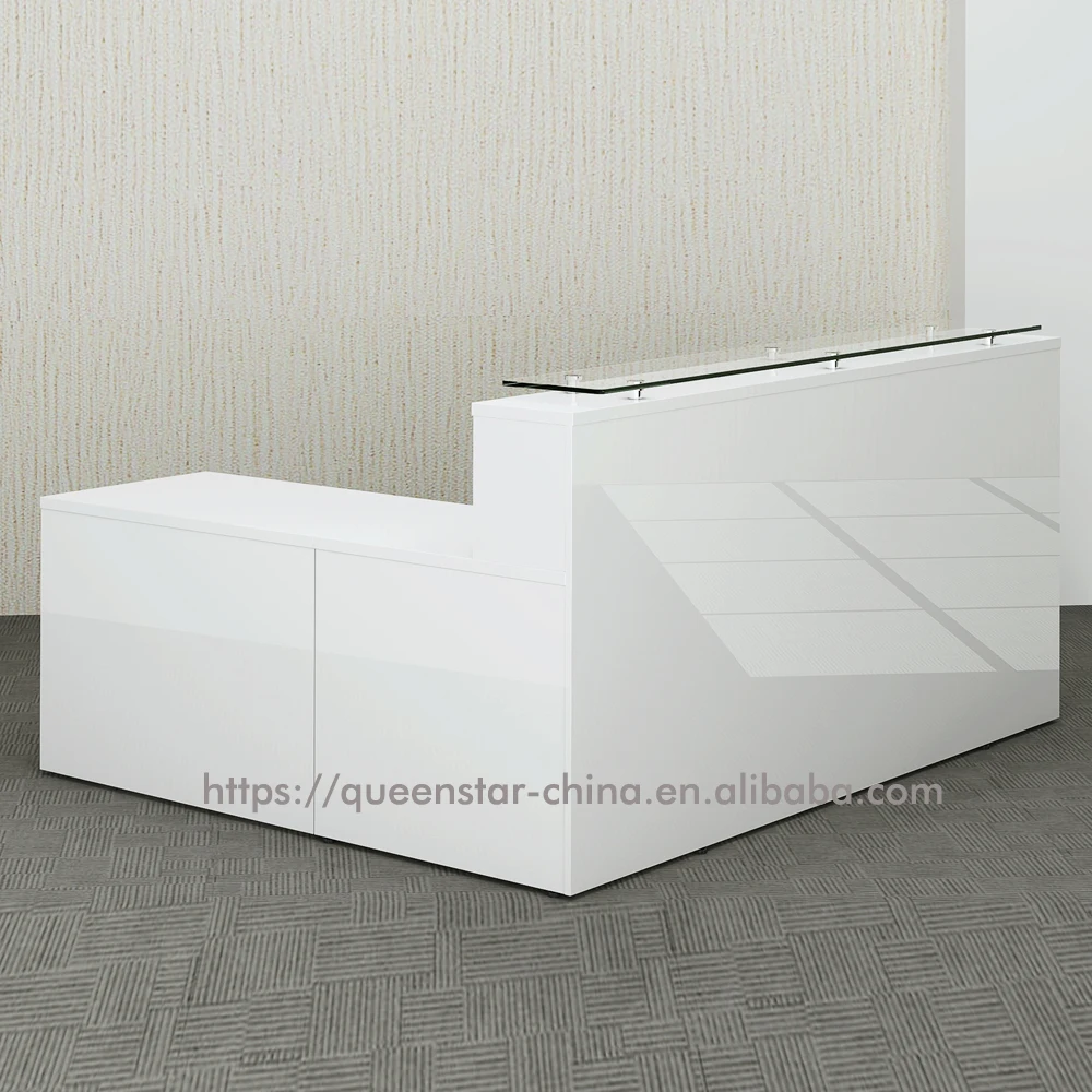 QS-RC05 L-shaped reception desk for Hotel gloss white front desk Contemporary reception desk