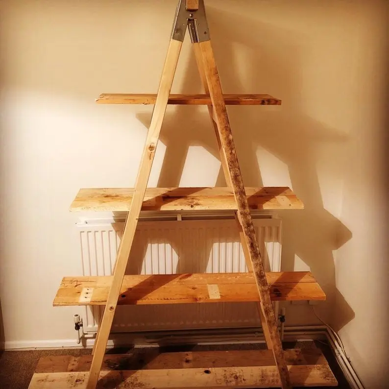 
Rustic A frame 4 Tier Ladder Shelf Bookcase, made from Reclaimed Pallet Wood for Space Saving 