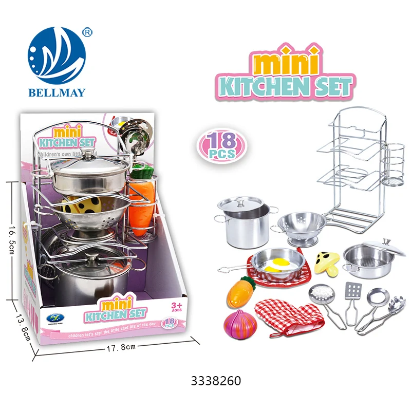 Bemay Toy Play House Stainless Steel Cooking Set, Pretend Play Mini Cooking Set for Kids