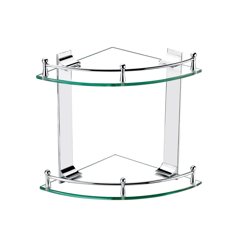 Stainless steel wall mount corner double glass shelf for bathroom