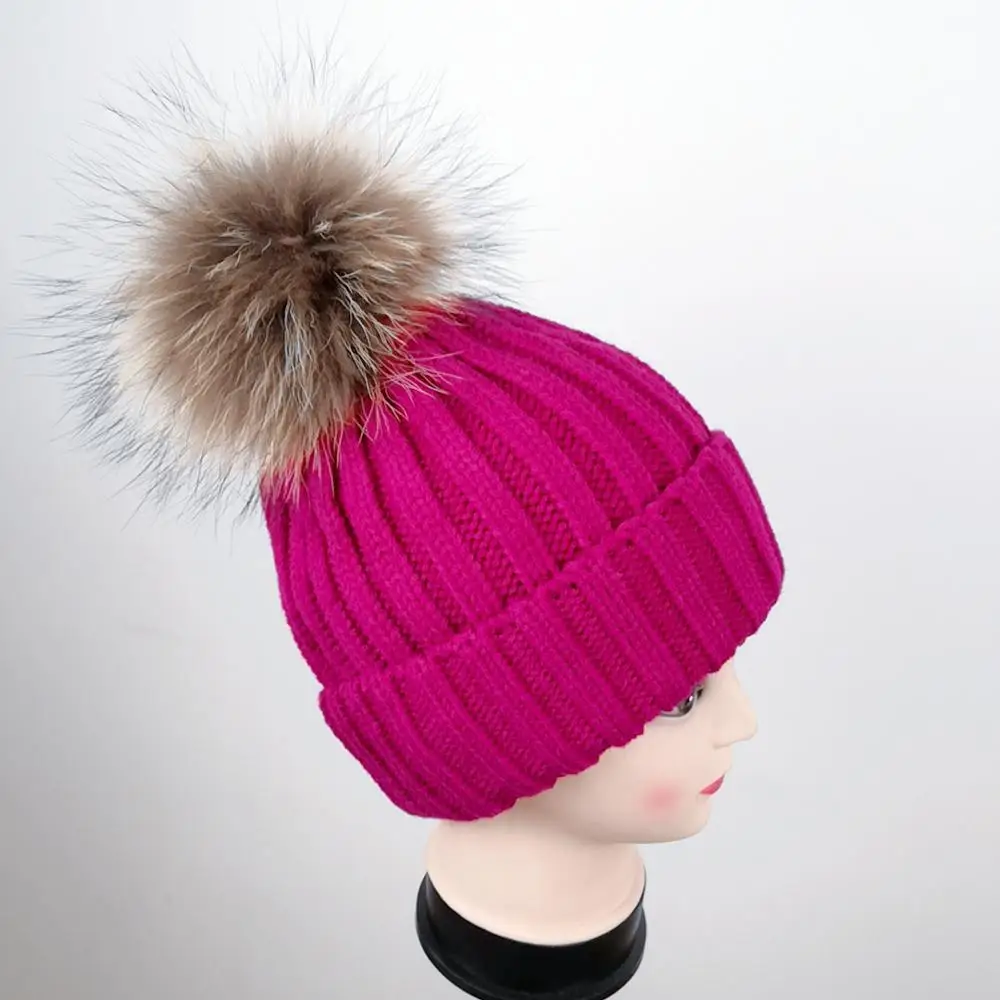 Hot sale kids knitted real mink fur bobble hat beanie hat