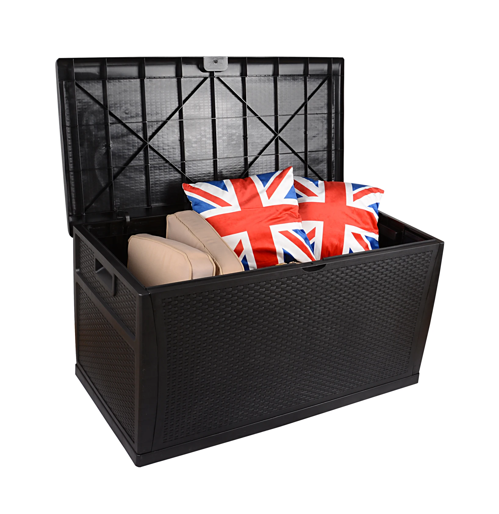 
450 Liter 118 Gallon Plastic Waterproof Wicker Rattan Outdoor Garden Cushion Storage Chest Box with Handles Lids 