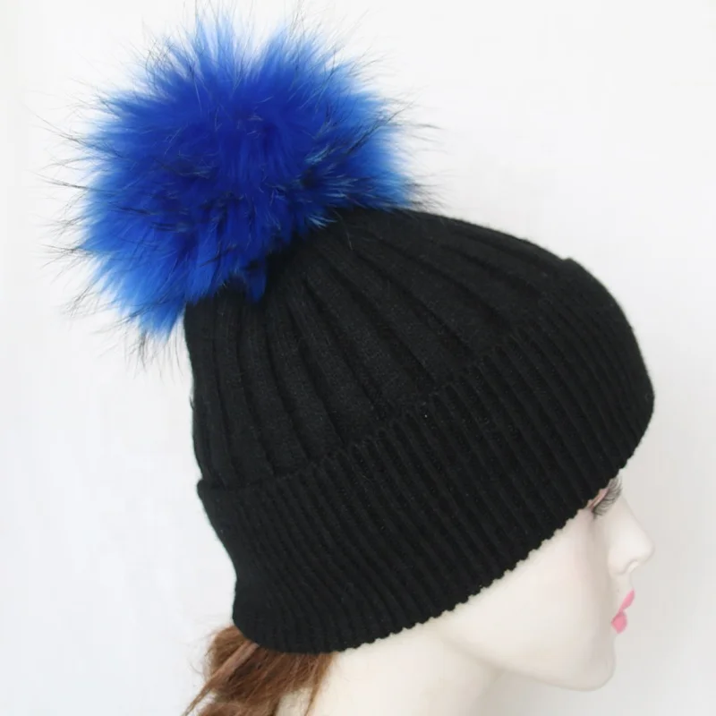 Adults angora knitted hats stripe style fur pom pom hats real raccoon fur ball Winter beanies