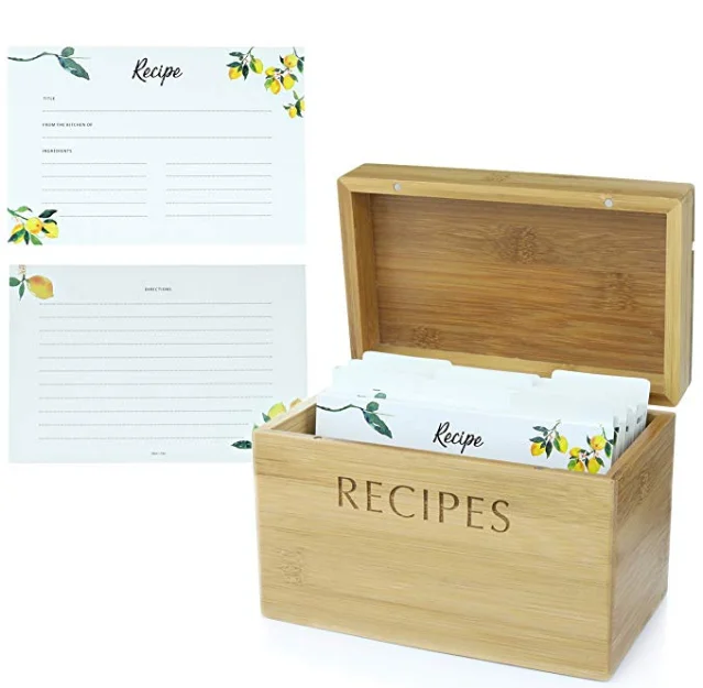 Bamboo Recipe Box Set with 100 4x6 recipe cards, 10 dividers, and card holder. Cards made with thick card stock. Perfect re