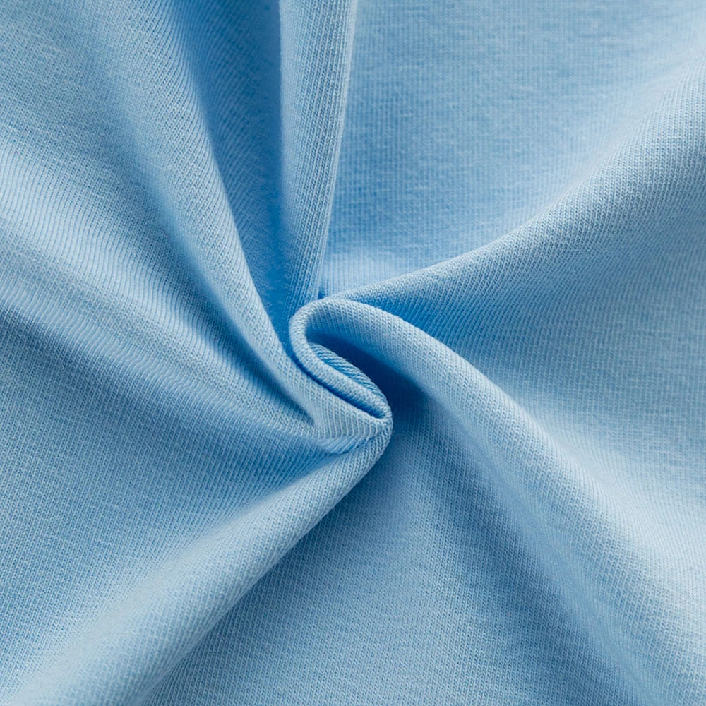 
In Stock blue solid color CPSIA approved 95% cotton 5% lycra stretch single jersey fabric 