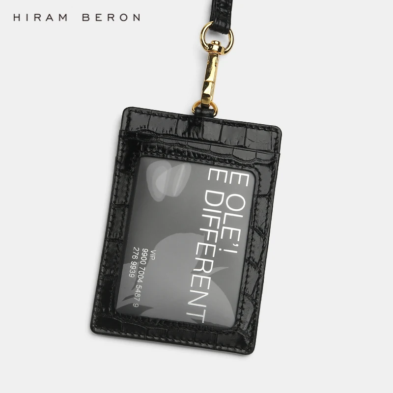 Hiram Beron Italian Cow Leather Name Tag ID Card Holder Lanyard