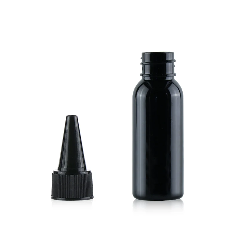 30ml plastic black PET round bottles with black natural twist top caps