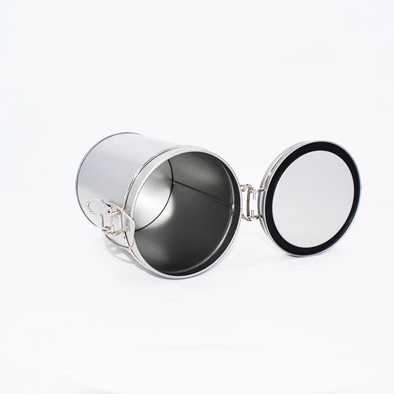 Round Hinged Metal Tin Can With Rubber Sealed Loop Lid