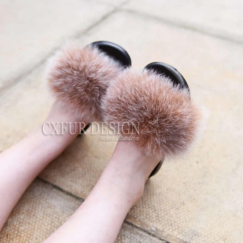CX-A-66C Children Style Genuine Fox Fur Slipper Wholesale Kids Fur Slides