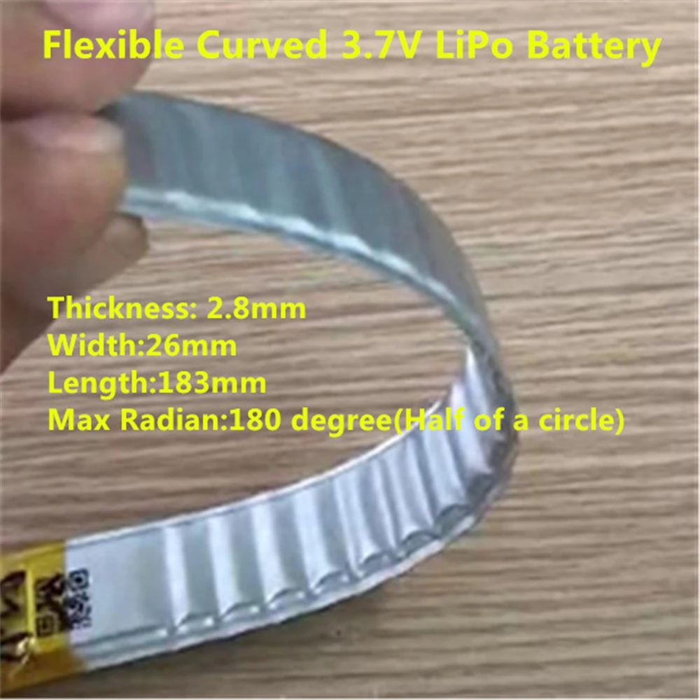 Smart Watch Band Curved Rechargeable Lithium Polymer Battery 3.7V LiPo2826183R 740mAh
