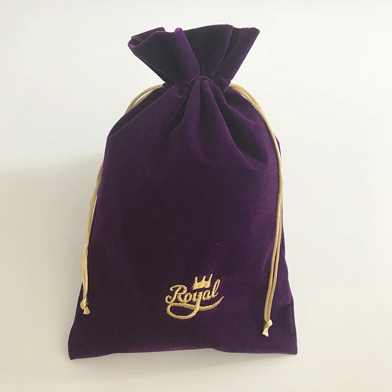 
Custom Embroidery Logo 20x30cm Purple drawstring velvet Gift Promotional Packaging Pouches bag with top ruffle 