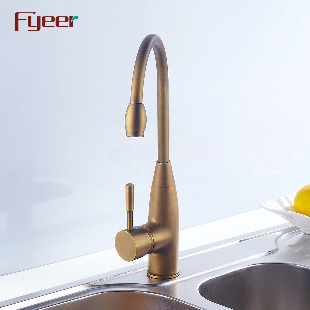 Fyeer Brass Body Ceramic Core Valve High Arc Antique Brass Kitchen Sink Faucet