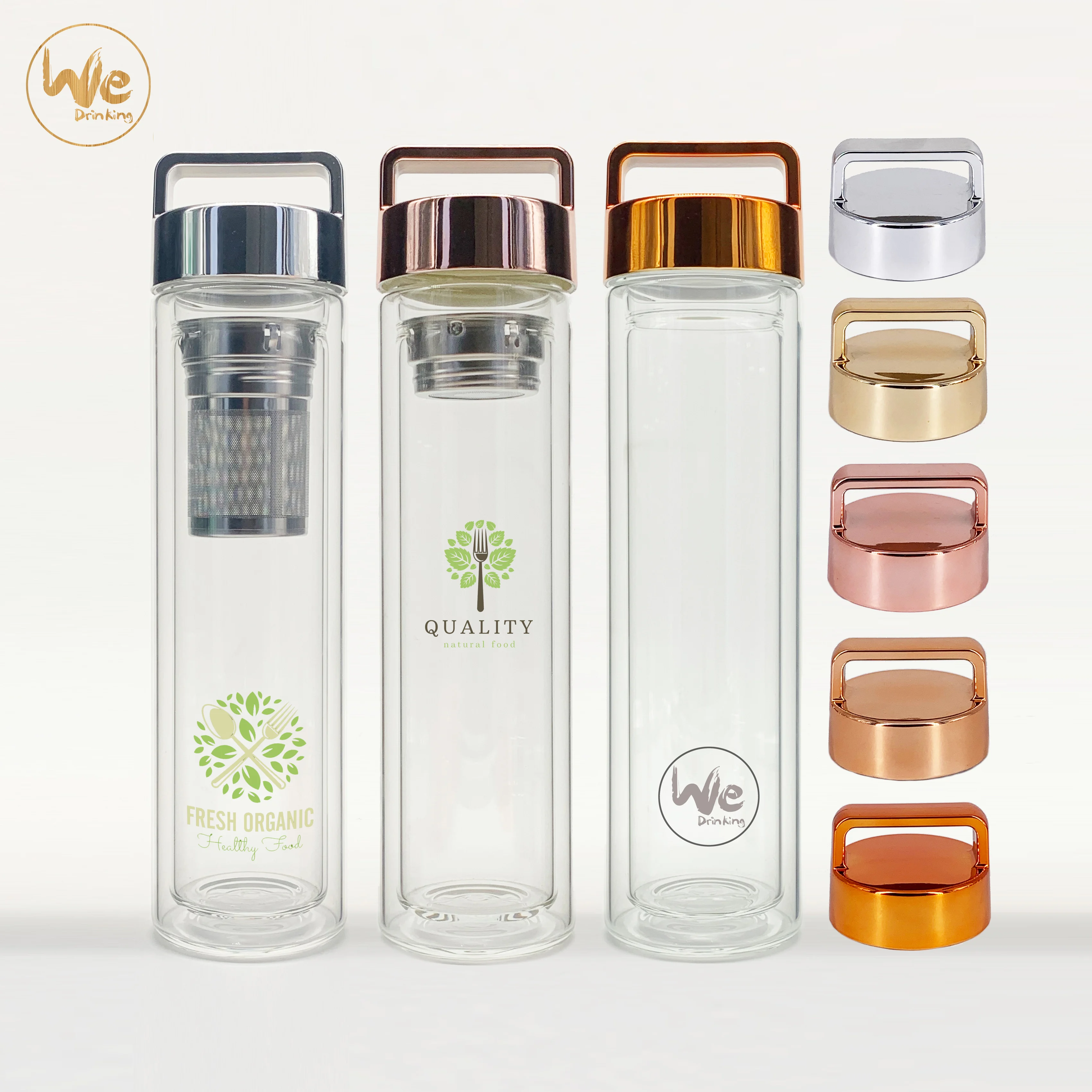 
GS07-B 480ml 17oz No Minimum Leakproof BPA Free Double Wall Tea Glass Bottle with Fruit Infuser 