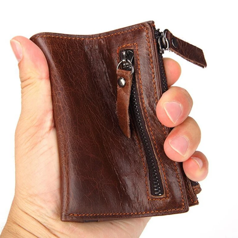 
Dreamtop DTE502 front zipper pocket brown leather wallet customized OEM vintage style short money wallet 