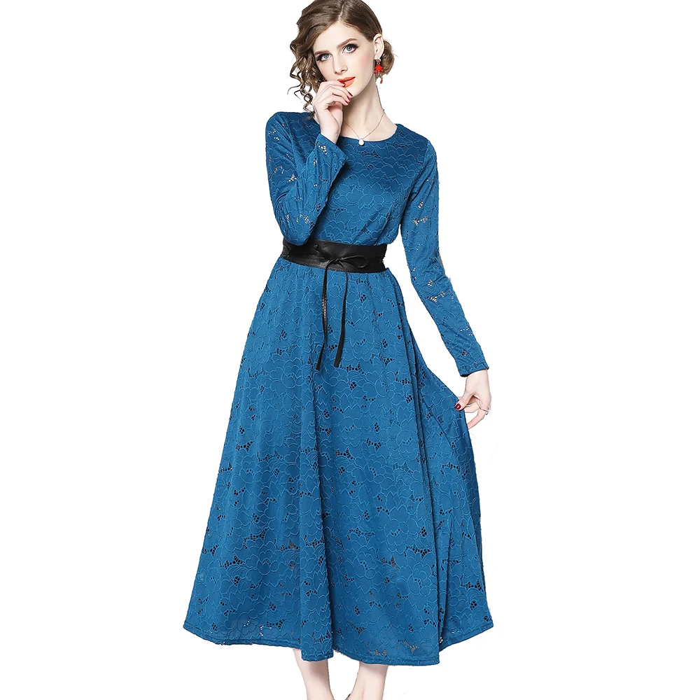 
Wholesale In Stock M to XXXL O Neck Long Sleeve Slim Belt Waist Big Bottom A Line Women Fashion Long Lace Dress 