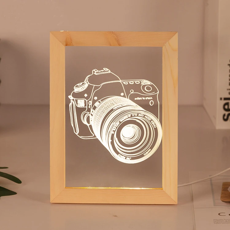 3D Wood Picture Frame LED Light Decorative Acrylic Photo Frame Nightlight 3D Bedroom Living Room Lamp