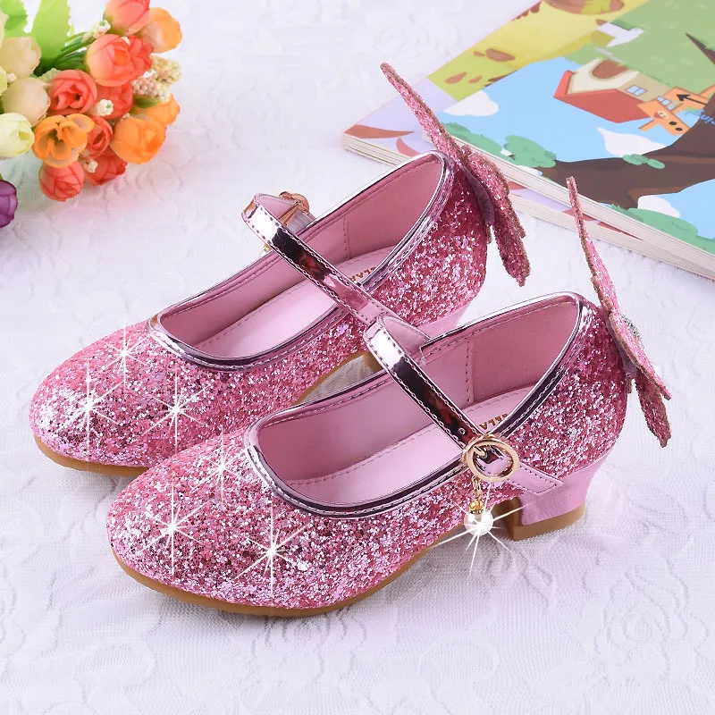  Модные детские кожаные туфли принцессы со стразами на высоком каблуке