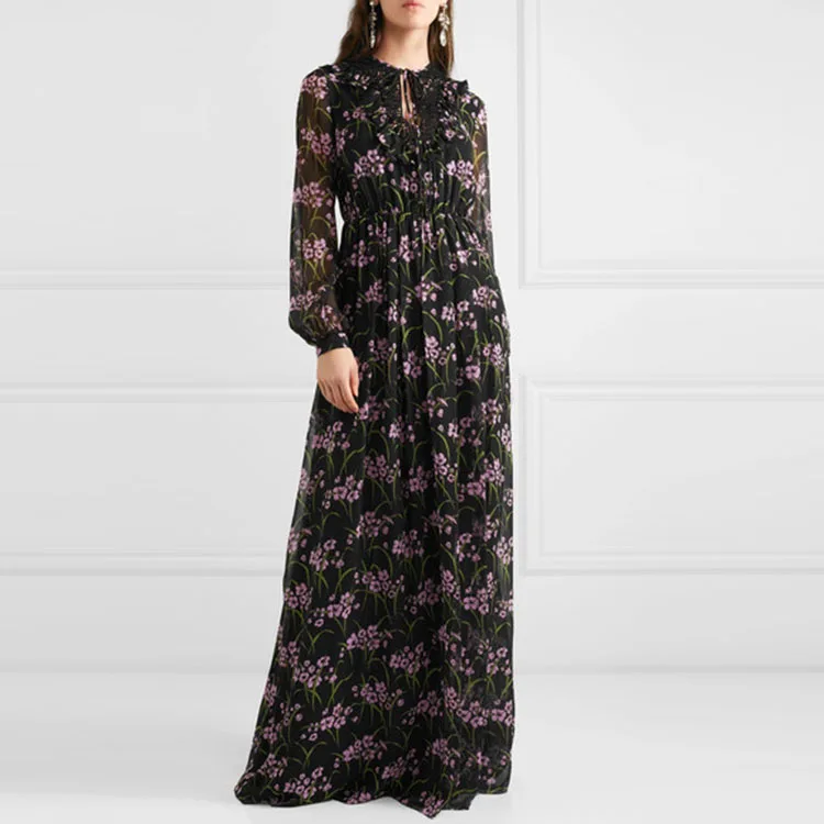 
Oem Factory Made Long Sleeves Non-stretchy Floral Printing Ladies Floor-length Maxi Dress Floral Print Chiffon Dress For Women 