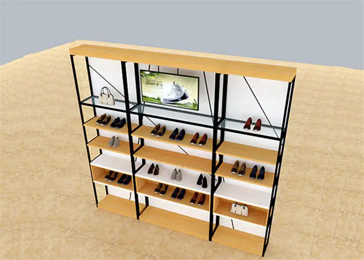 Customized Design Modern Shoes Shop Wooden Metal Wall Display Racks Shoe Display Fixtures Easy Install For Shoe Store
