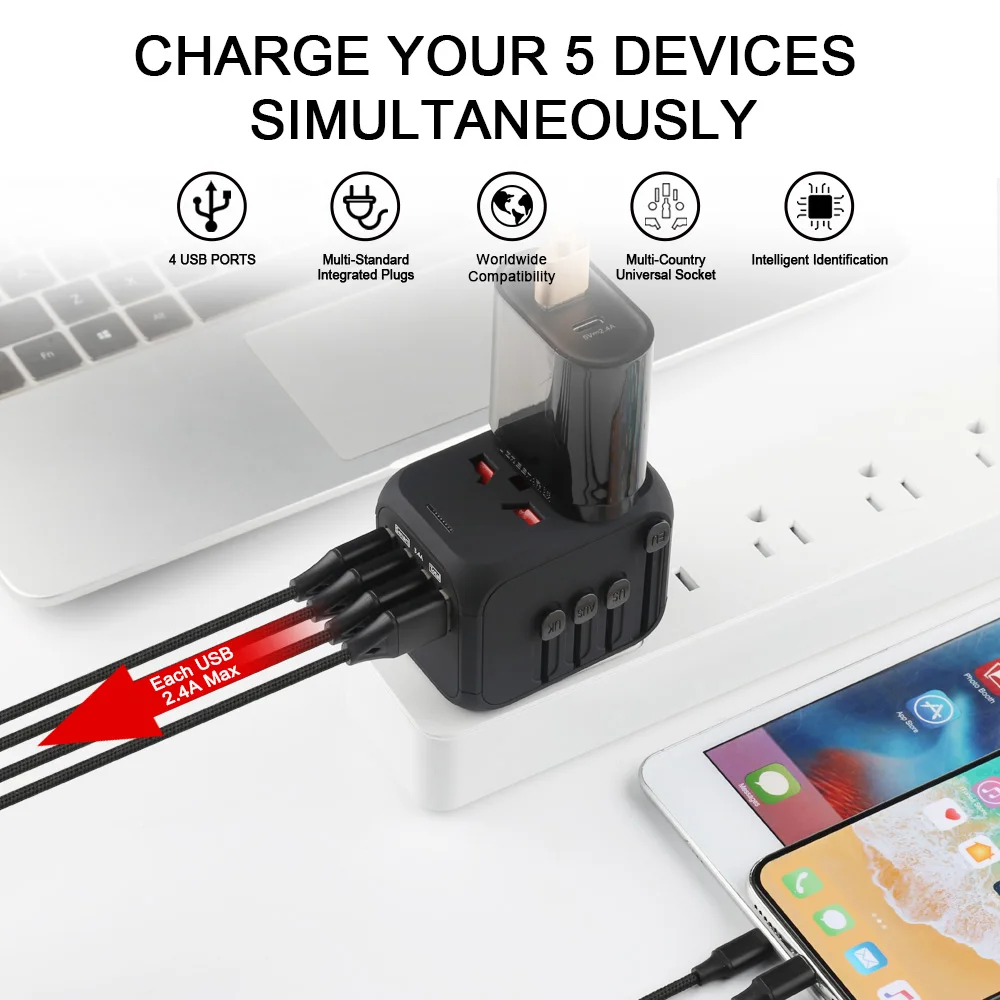 Most popular 4 USB 5V 3.4A smart output universal travel adapter with EU/AUS/UK/US all in one plug