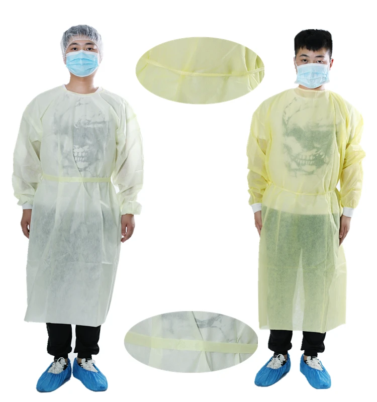 
Light Yellow PP Non-woven Disposable Isolation Gown With Knitted Cuffs 