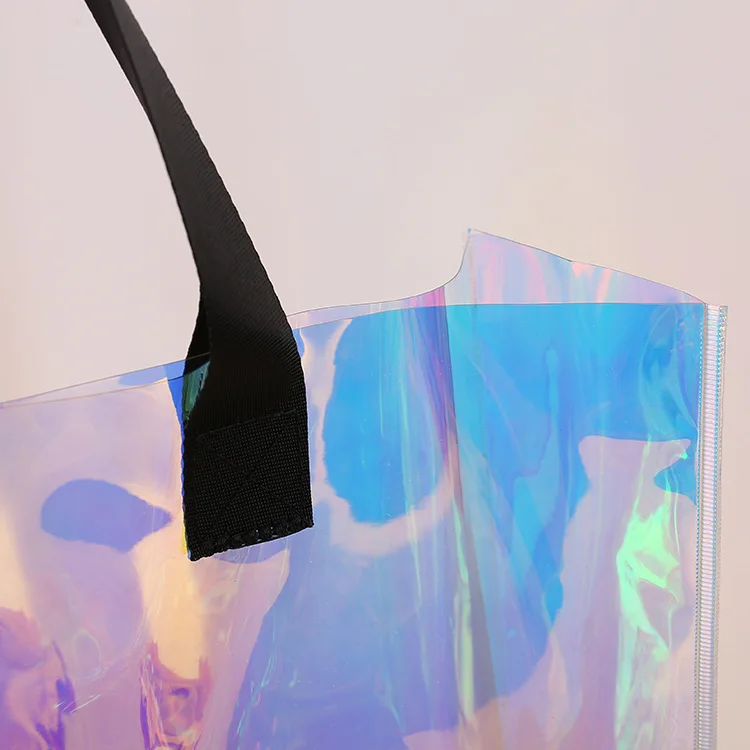 Custom Logo Promotional Rainbow Clear Plastic Women Beach Bags bolsa de compras Transparent Holographic PVC Tote Shopping Bag