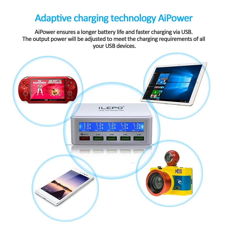 Зарядное устройство ilepo 818 USB 50 Вт QC 3,0, розетка питания с ЖК-дисплеем, 4 порта, Смарт Usb, быстрое зарядное устройство, настенный адаптер, зарядная станция, зарядное устройство USB