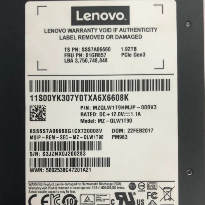 00YK307 01GR657 для Lenovo MZQLW1T9HMJP-000V3 1,92 ТБ/2.5 дюймов/PCIe Gen3/SSD PM963