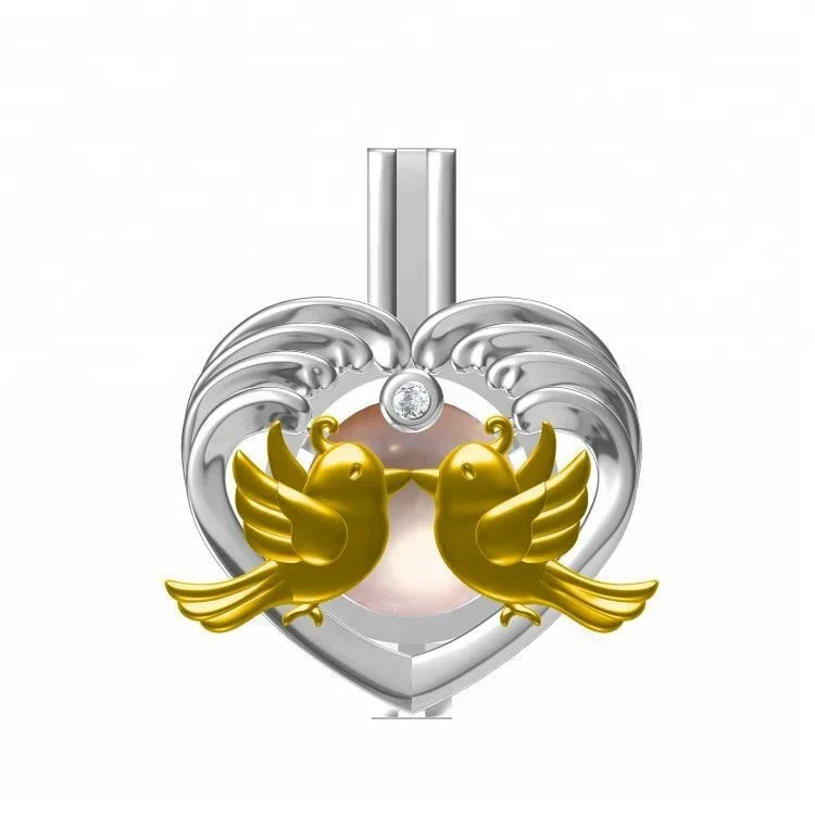 love bird pearl cage decoration silver charm gold plated  jewelry cultured pearl heart wing necklace pendant