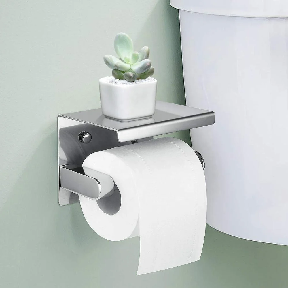 Chrome Stainless Steel Tissue Roll Toilet Paper Holder with Mobile Phone Storage Shelf