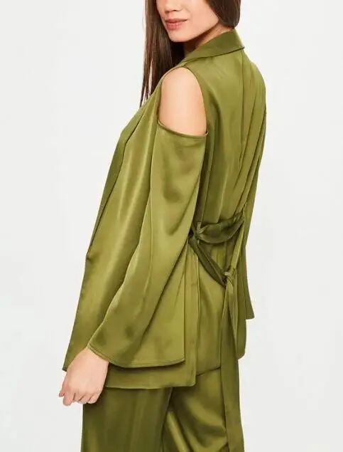 Women Clothing Shoulder Tie Waist Satin Blazer Green Tops And Pants Ladies Dresses Office