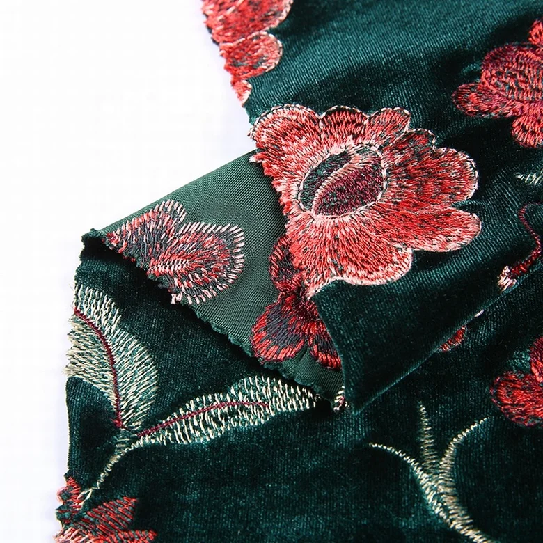 Custom design floral embroidered american green velvet fabric wholesale for clothes
