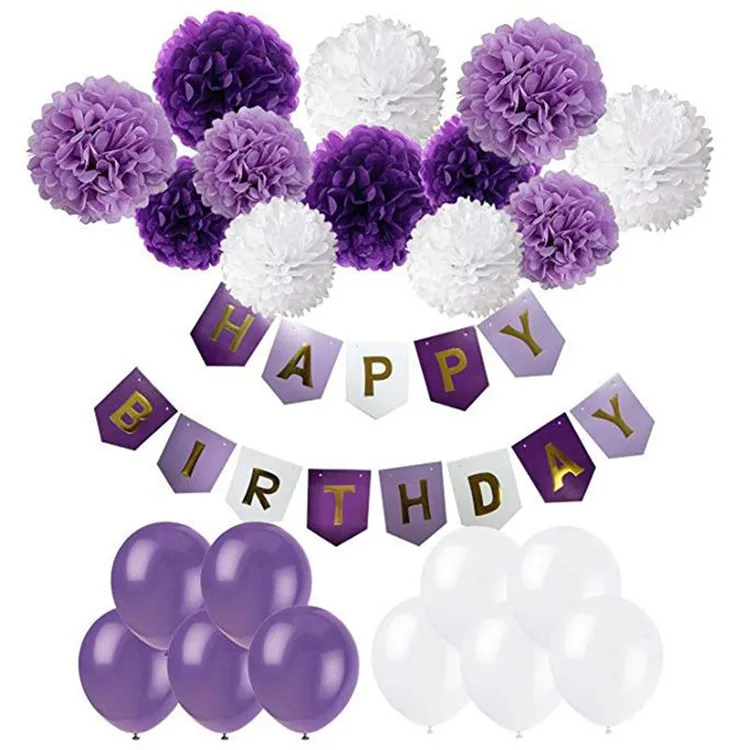 
Happy Birthday Flags Colorful Paper Pompom Balls Balloons Princess Birthday Party Kids Supplies Set 