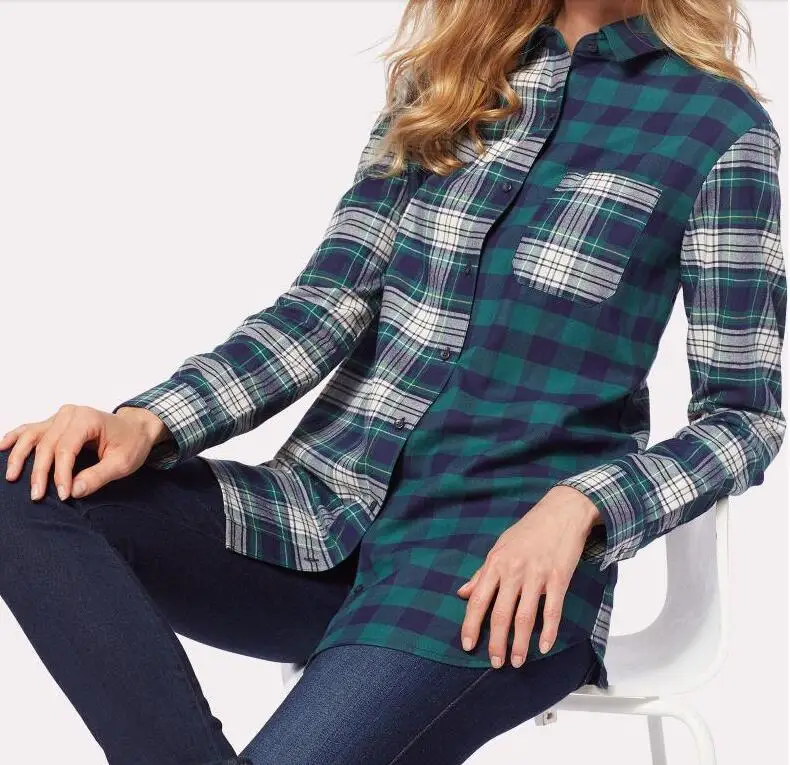 Wholesale Newly Factory Manufacturer Women Plaid Shirts Two Tone Color Flannel Shirt Shirt / Blouse for Women Custom Designs