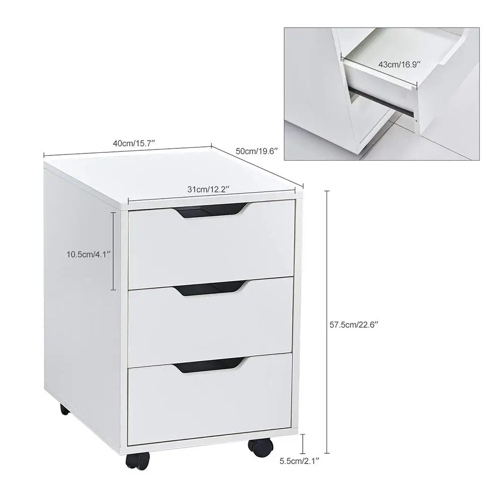 White Wood Mobile File Cabinet with 3 Storage Drawers Under Desk