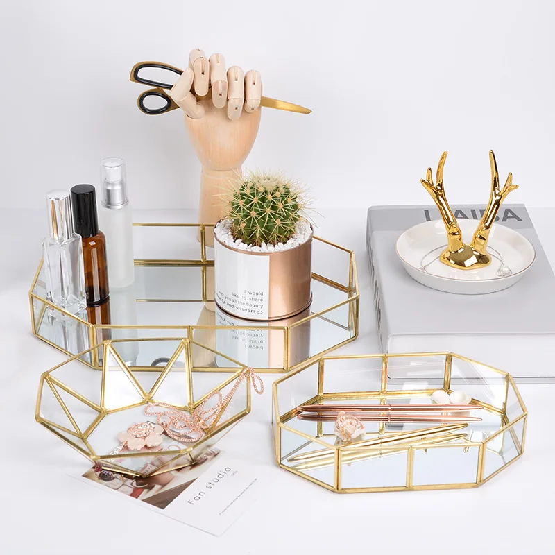 metal Storage Tray Golden Polygon Glass Makeup Organizer Tray Dessert Snack Plate Jewelry Display Stand Home Kitchen Decor