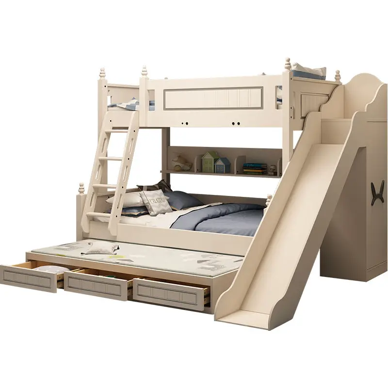 White Pine Solid Wood Convertible Multifunction Wooden Boys Bunk Bed Kids Bunk Bed With Slide and Drawer