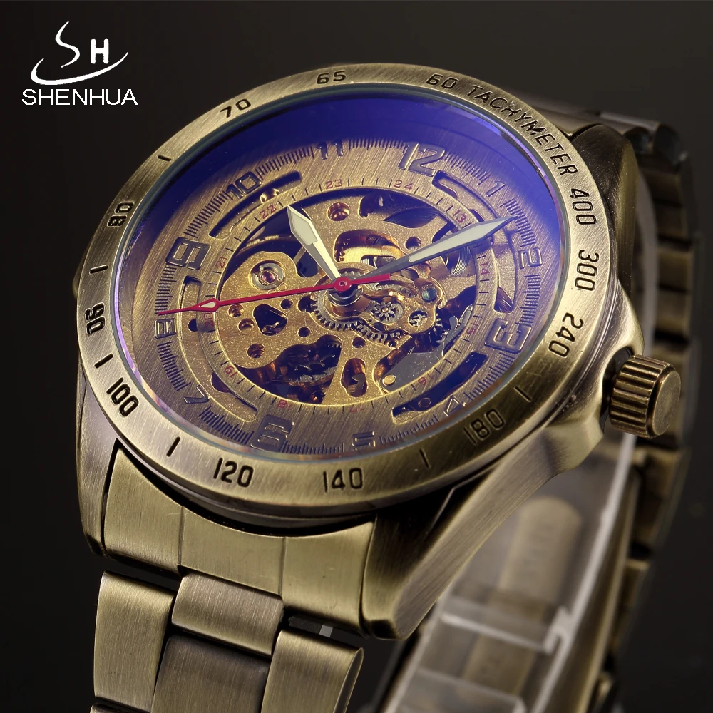 SHENHUA 13 Vintage Bronze Metal Mechanical Watch Men Skeleton Automatic Wrist Watches Luminous Hands Male Wristwatch