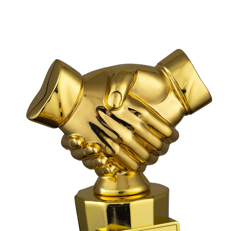 New design zinc alloy handshake modeling gold plated world trophy cup award with high base