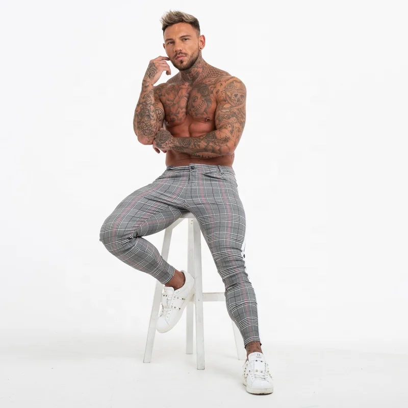
2020 Super Comfy Stretchy White Side Stripe Check Pants Slim Fit Chinos Trousers Men 
