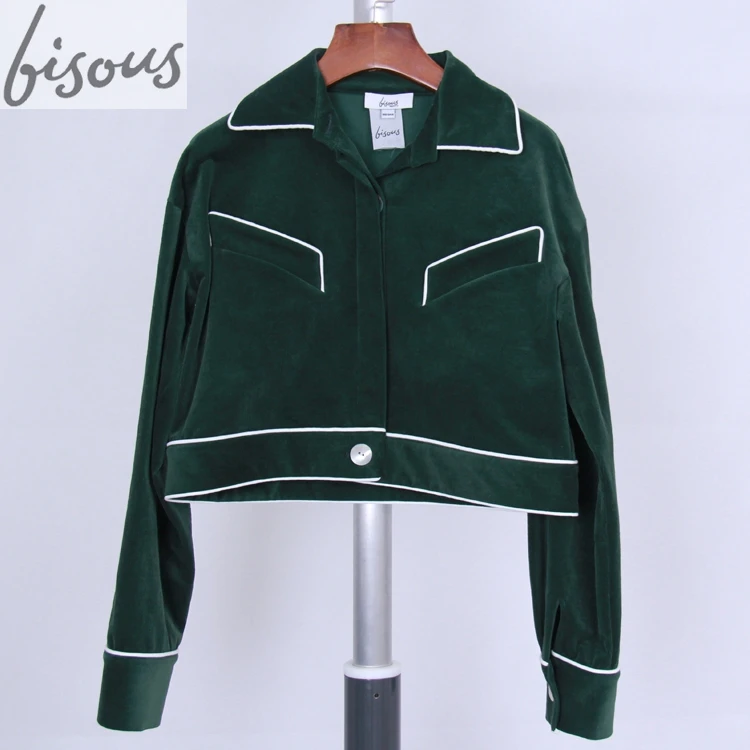 Мода self-design Темно-зеленый Женское пальто с контрастной окантовкой в воротнике карман и низ