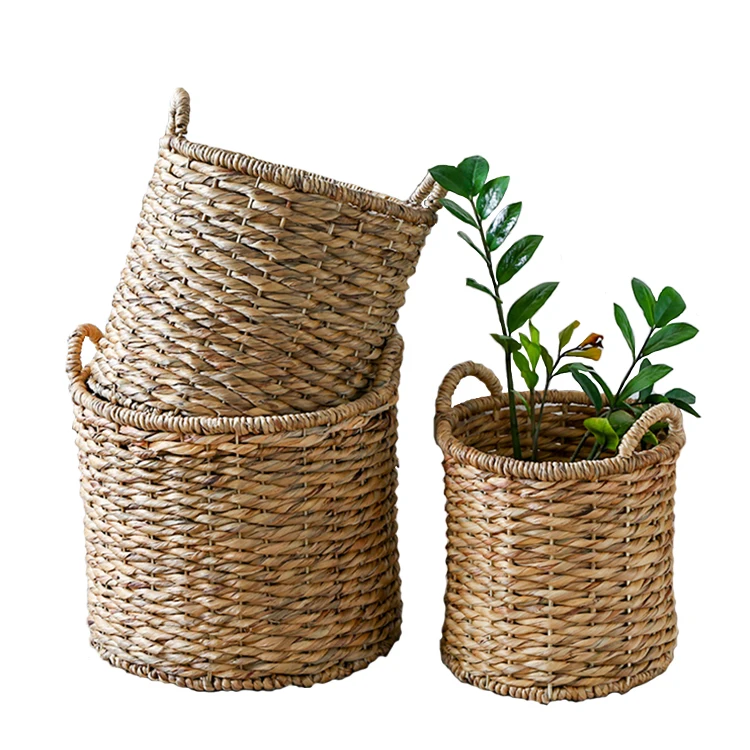 Handmade round water hyacinth grass laundry storage basket indoor planter basket with handle for home decor
