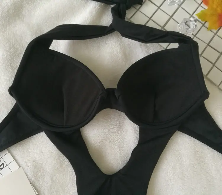 Hot Sexy Black Halter Cut Out Bandage Trikini Swim Bathing Suit Monokini Push Up Brazilian Swimwear Women One Piece Swimsuit