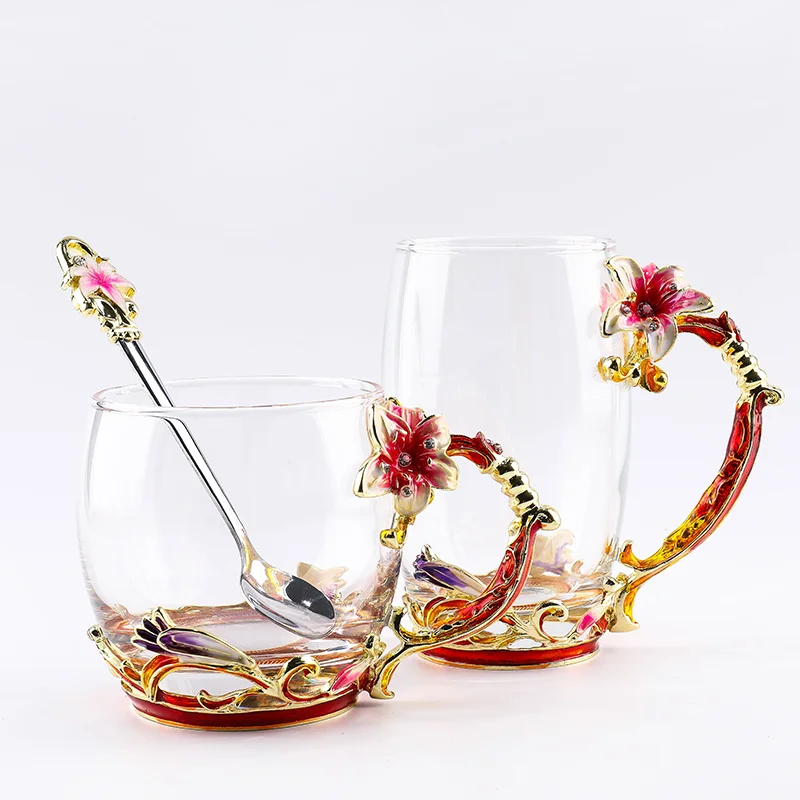 
Creative Lily Enamel Cup Carved Diamond Flower Tea or Coffee Cup Crystal Heat Resistant Glass Water Cup 