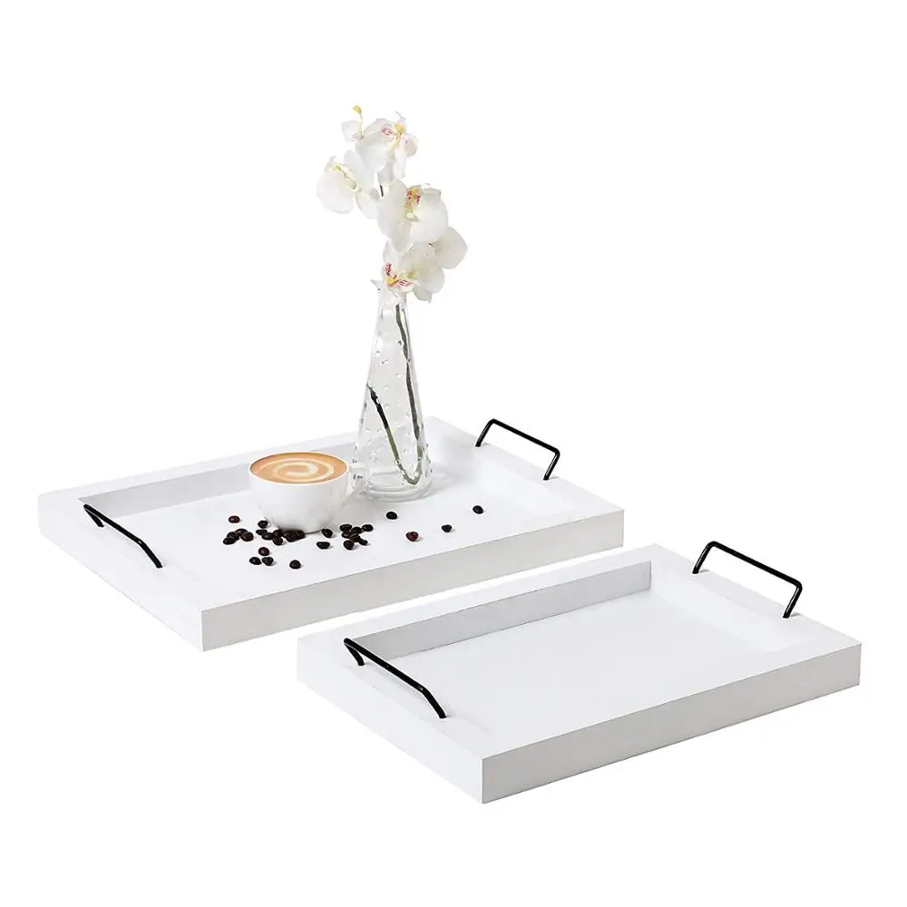 Set of 2 Country Rustic Vintage White Decorative   Wood Rectangular Nesting Serving Trays With Metal   Handles
